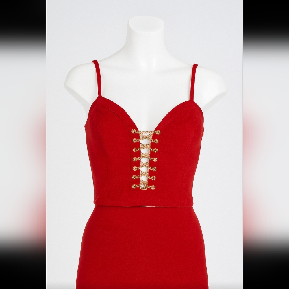Bebe Josephine Quilted Chain Lace Up Corset Top in Goji Berry Faux Suede Large